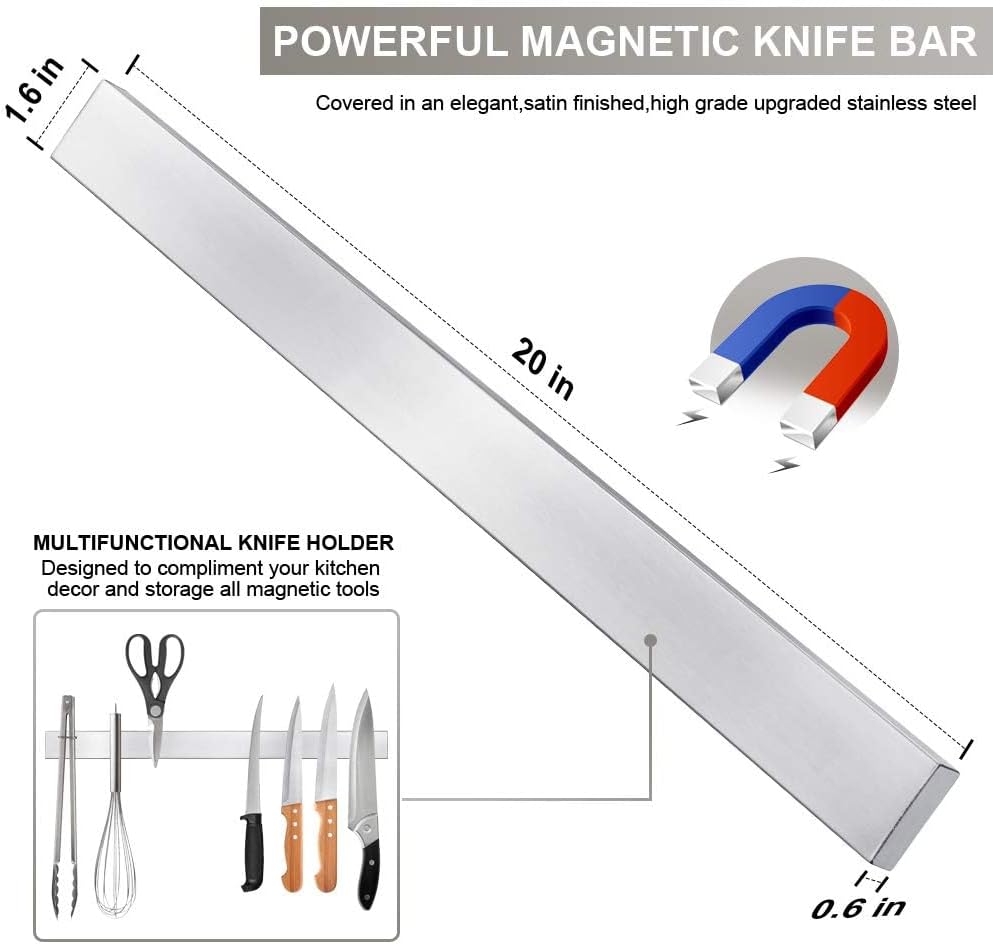 Ninonly 20 Inch Magnetic Knife Strip, Premium Stainless Steel Wall Mounted Kitchen Knives Bar,Space-Saving Powerful No Drilling Magnetic Knife Rack for Home Kitchen Utensil Holder & Tool Holder