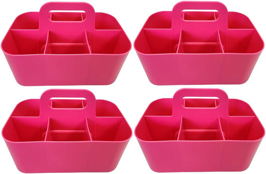 Small Stackable Plastic Caddy with Handle 6 Compartment | Desk, Makeup, Dorm Caddy, Classroom Art Organizers - 4 Pack, Made In USA (Hot Pink)