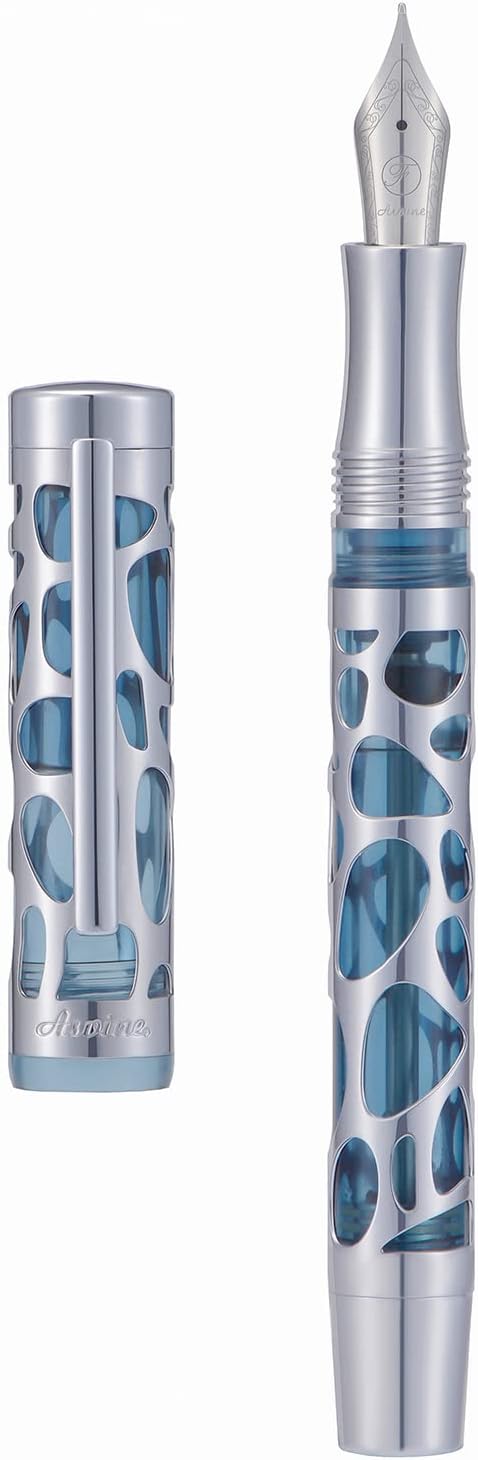 Asvine V169 Vacuum Filling Fountain Pen Extra Fine Nib, Water Drop Skeleton Transparent Gray Blue Acrylic Pen Case Set