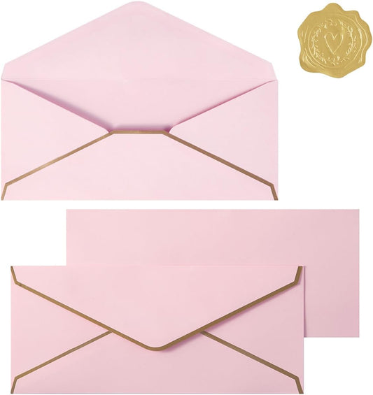 30 Pack Thick #10 Business Envelopes with Gold Border, 4 1/8 x 9 1/2 Thick Paper Standard Envelopes with Stickers for Office, Checks, Letter Mailing, Invoices (Light Pink)