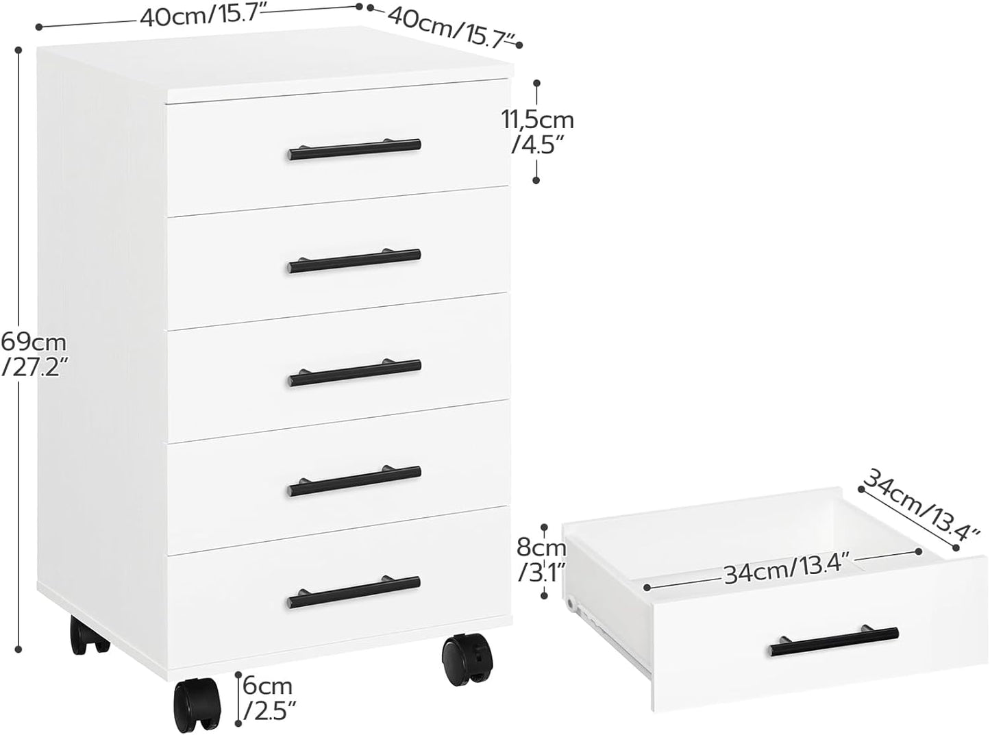 HOOBRO 5-Drawer File Cabinet, Office Cabinet with Drawers, Wooden Storage Cabinet with Wheels for Makeup, Home Office, Study, Easy Assembly, White WT05WJ01G1