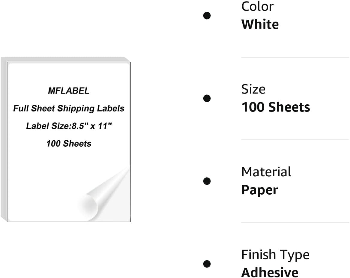 MFLABEL Full Sheet Sticker Label, Address Sticker, White Matte Label Paper, 8-1/2" x 11" Shipping Labels for Laser & Inkjet Printer (900 Labels, 900 Sheets)