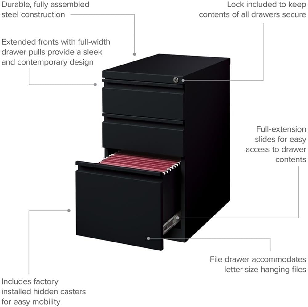 BOWERY HILL 20" 3-Drawer Modern Metal Mobile Pedestal File Cabinet in Black