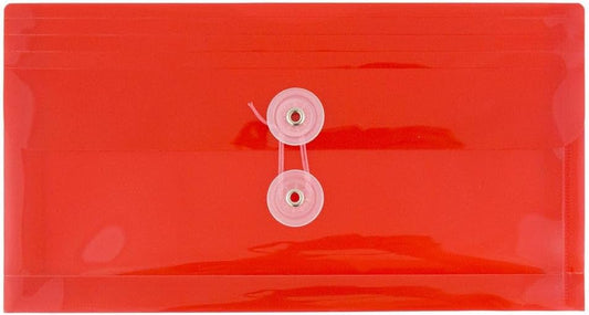 JAM PAPER Plastic Envelopes with Button & String Tie Closure - #10 Business Booklet - 5 1/4 x 10 - Red - 3/pack