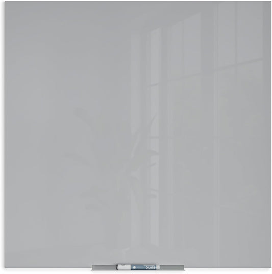 U Brands Glass Dry Erase Board, 36" x 36", 3'x3', Gray Surface, Frameless, Includes Marker