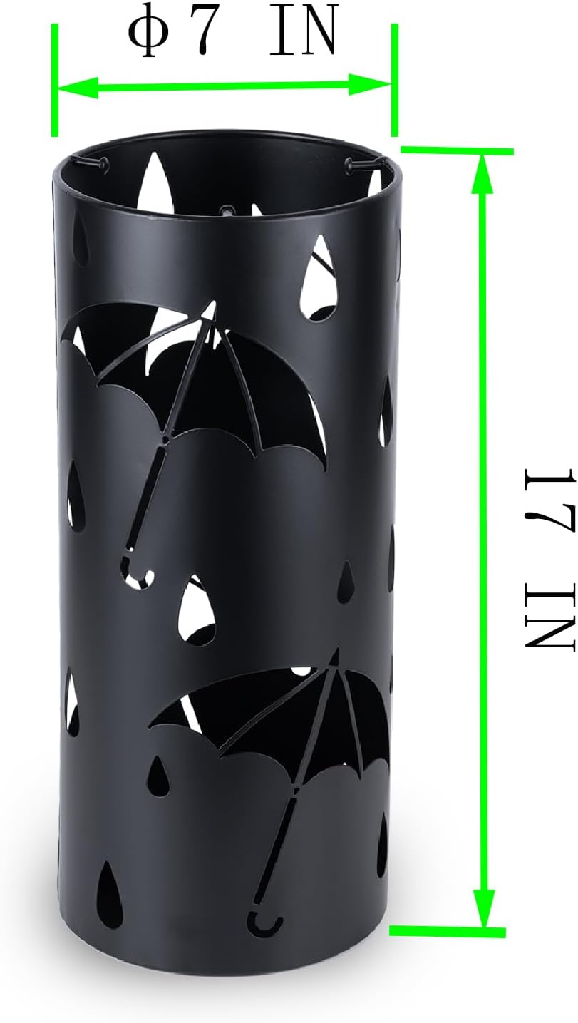 Umbrella Stand Rack for Entryway, Black Round Metal Umbrella Holder, Free Standing Umbrella Organizer Bin with 3 Hooks for Walk Stick, Home Office Indoor, 17 x 7 Inch