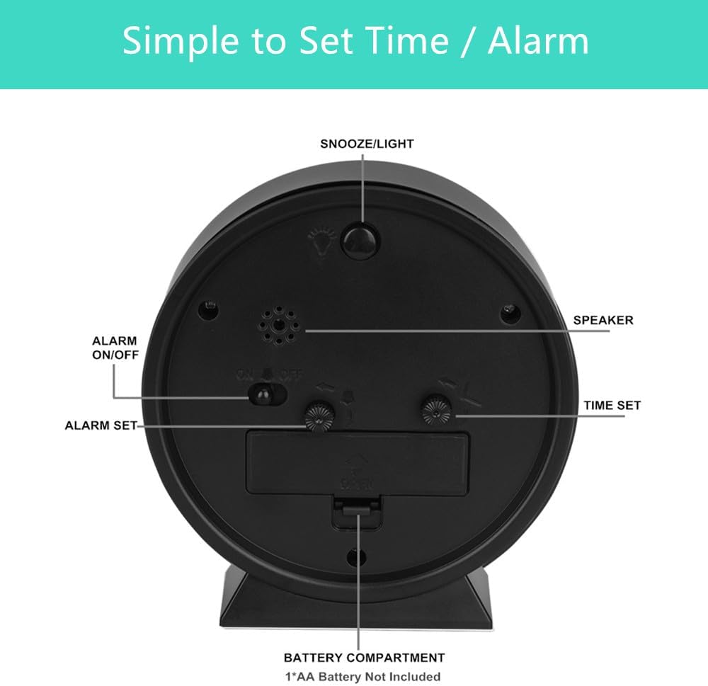 No Ticking Silent Alarm Clock,Easy to Read and Use,Ascending Sound,1 AA Battery Operated,Snooze Light,Bedside Desk Clock,Black