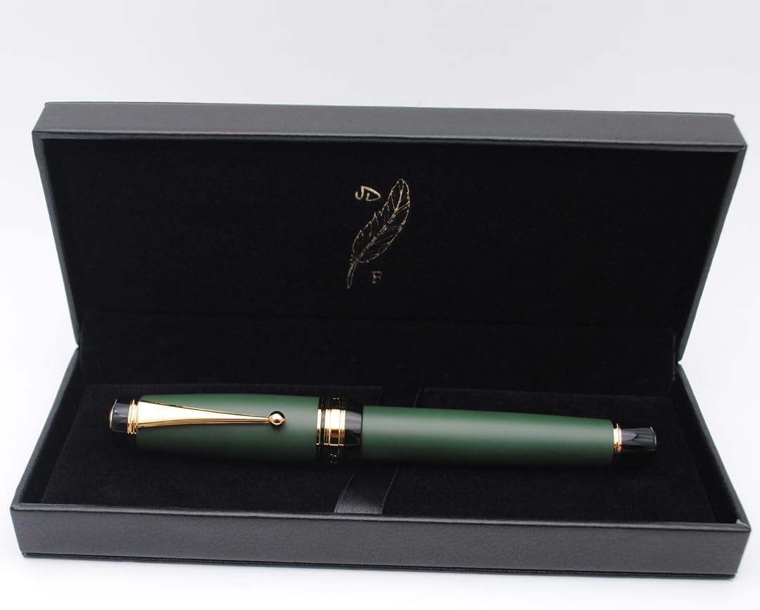 Metal Big Fountain Pen Set Medium Nib 0.7mm, Includes Ink Refill Converter, 5 Ink Cartridges & Gift Box (Medium Nib 0.7mm, Matte Green)