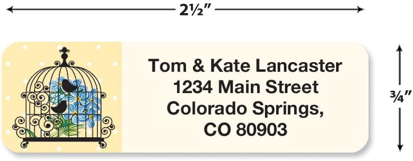 Birdcages Rolled Personalized Return Address Mailing Labels with Dispense, Set of 250, 5 Designs, Small ¾ x 2½ Inch Size, Custom Self-Adhesive Sticker Roll, by Colorful Images