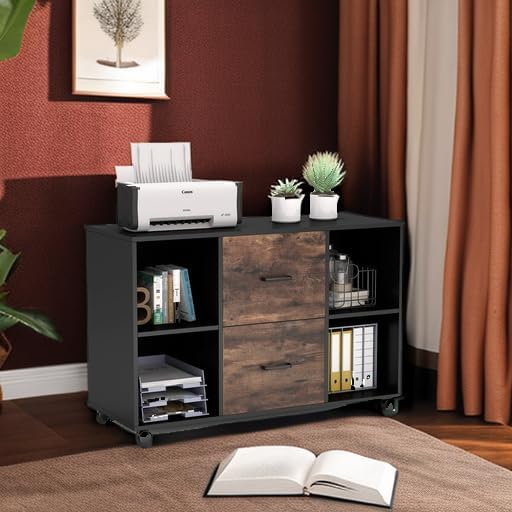 Tribesigns 2 Drawer File Cabinet, Large Mobile Lateral Filing Cabinet for Letter Size, Printer Stand with Storage Shelves and Rolling Wheels for Home Office (Black/Rustic)