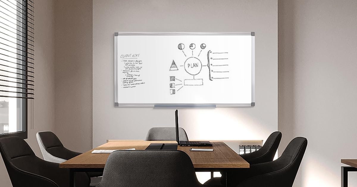 SWANCROWN Magnetic Dry Erase Board 48 x 24 Inches - Large White Board, Silver Aluminum Frame, 4' x 2' Writing Whiteboard for Walls, Home Office, School, Studio