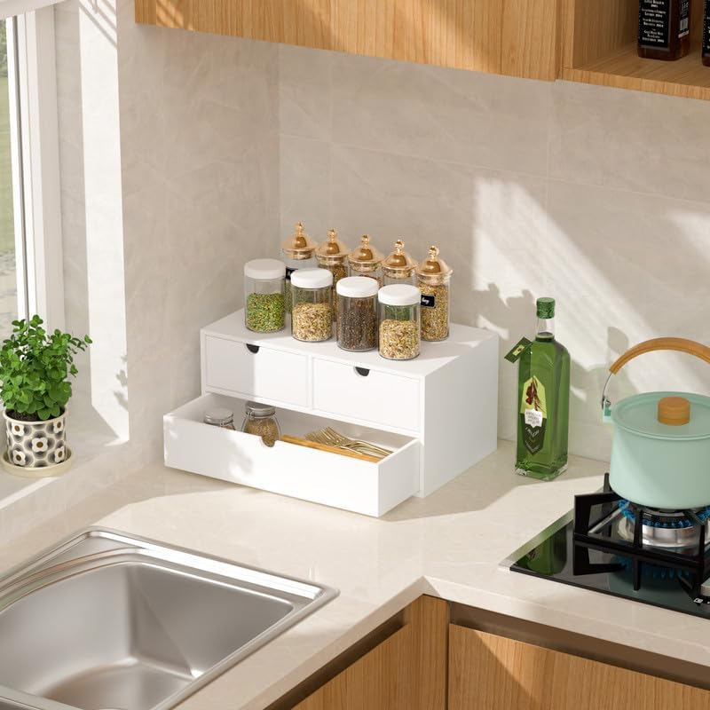 Wisuce Bamboo Desk Organizer - Mini Bamboo Desk Drawer Tabletop Cosmetic Storage Organization for Office or Home White