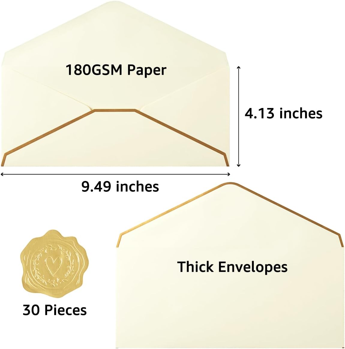 30 Pack Thick #10 Business Envelopes with Gold Border, 4 1/8 x 9 1/2 Thick Paper Standard Envelopes with Stickers for Office, Checks, Letter Mailing, Invoices (Cream Color)