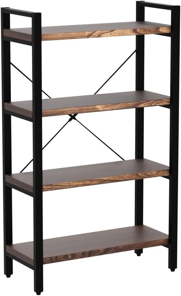 Solid Wood Bookshelf, 4-Tier Rustic Vintage Industrial Etagere Bookcase, Open Metal & Wood Vintage Book Shelf, Retro Brown