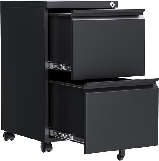 2 Drawer File Cabinet, Fully Assembled Mobile File Cabinets with Lock, Metal Rolling Filing Caninet on Wheels, Small Two Drawer Under Desk Cabnet for Letter/Legal / A4 / File Box - Black