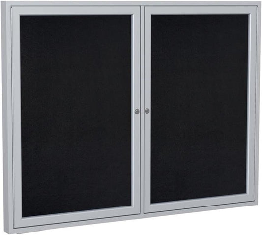 Ghent 48" x 60" 2-Door indoor Enclosed Recycled Rubber Bulletin Board, Shatter Resistant, with Lock, Satin Aluminum Frame,Black (PA24860TR-BK)-Made in USA