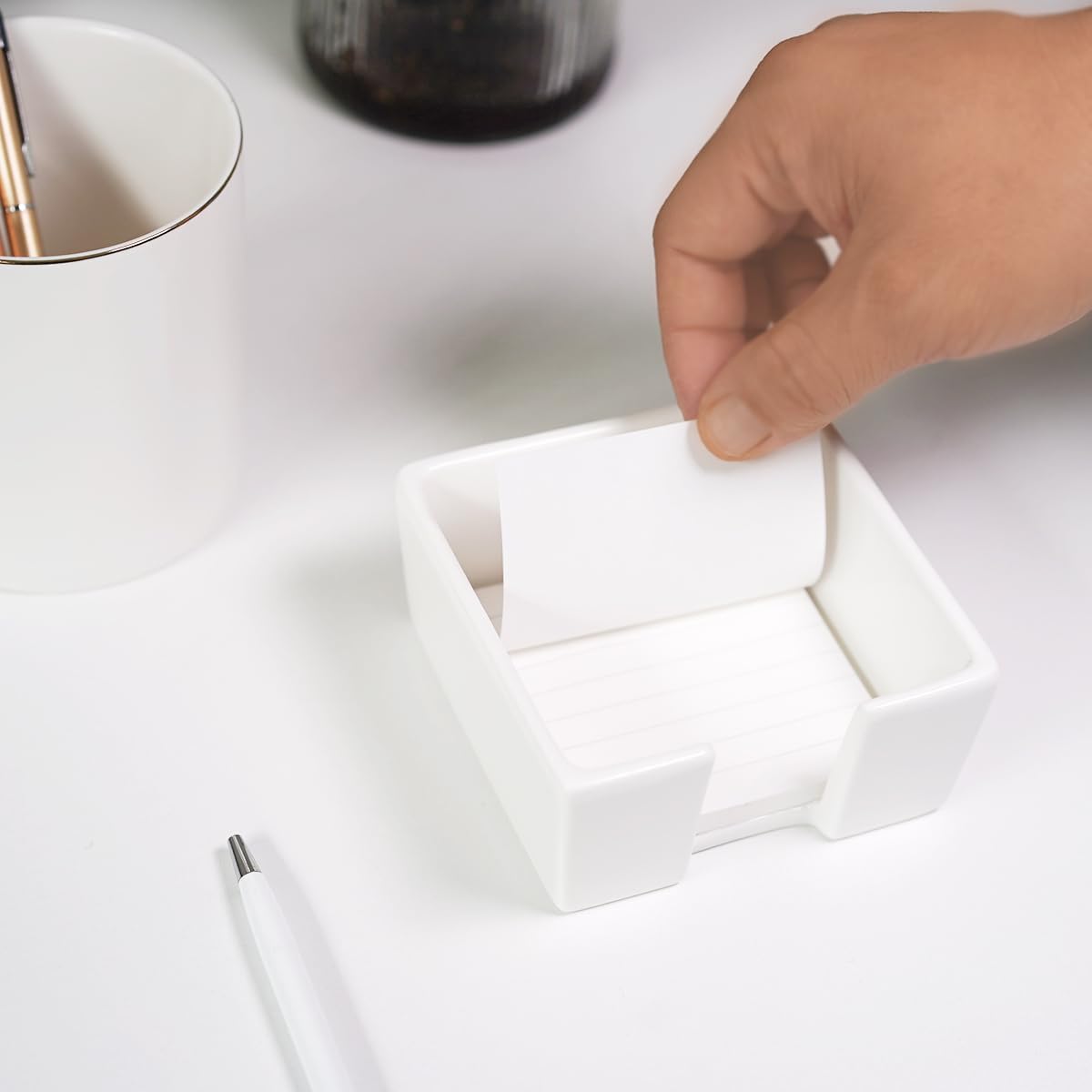 Ceramic Sticky Note Holder, 3 x 3" Sticky Note Dispenser, Notepad Holder for Desk, Office Essentials Organizer (White)
