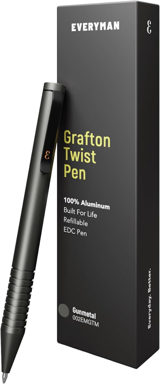 Everyman Grafton Mini Twist Refillable 0.7mm Ball Point Pen Gunmetal | Sleek Anodized Aluminum Pocket Pen with Grooved Grip | Smooth Writing EDC Ink Pen for Office, Travel, Work & Gifting