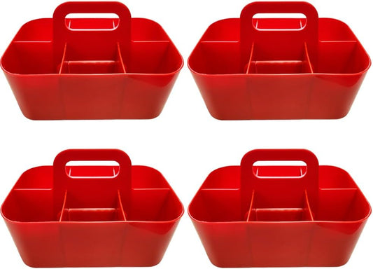 Small Stackable Plastic Caddy with Handle 6 Compartment | Desk, Makeup, Dorm Caddy, Classroom Art Organizers - 4 Pack, Made In USA (Red)