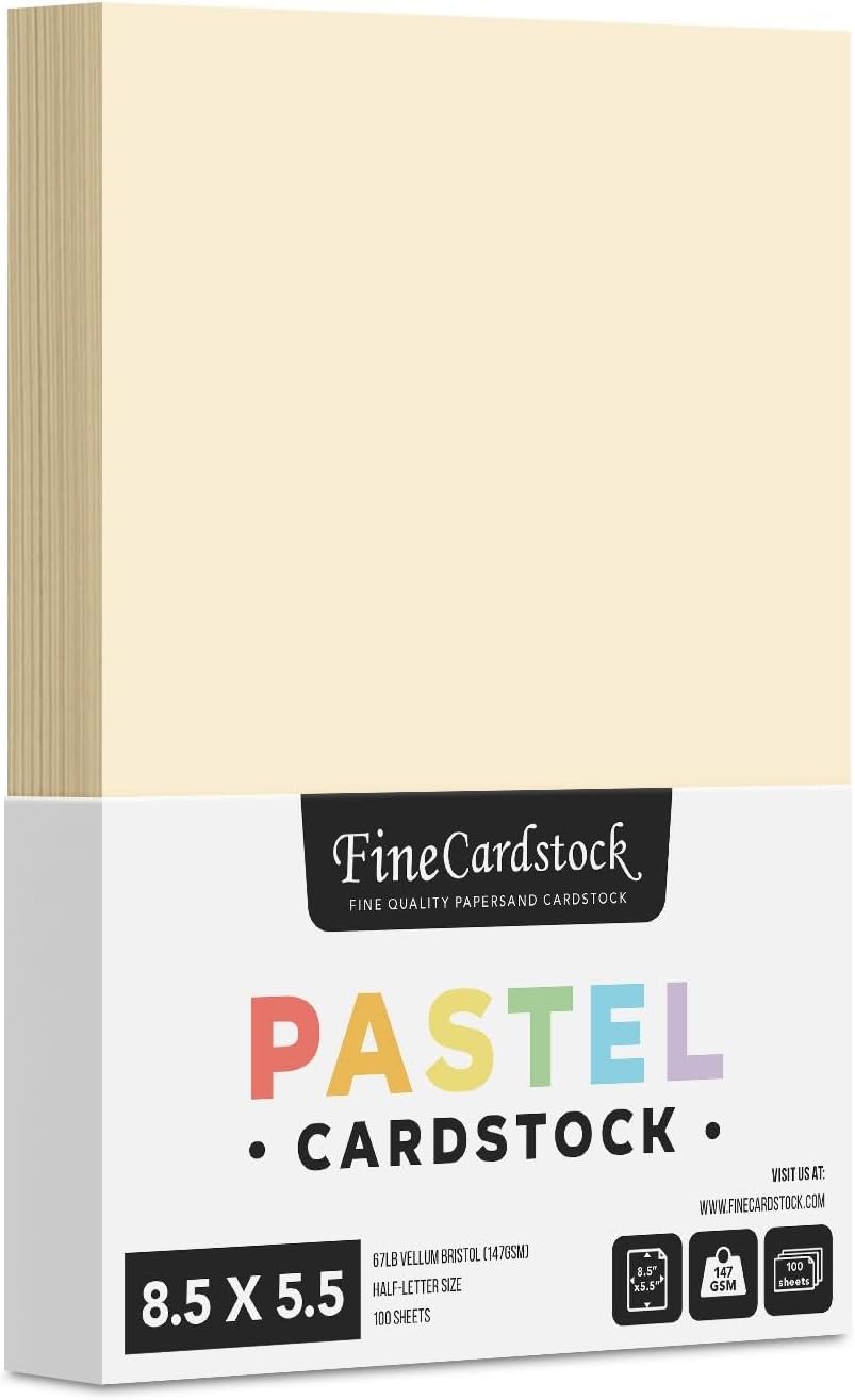 Half Letter Size, 8.5" x 5.5" Pastel Color Cardstock Paper for Arts and Crafts, Scrapbooking, Stationery Printing | Medium Weight 67lb Vellum Bristol (147gsm) Card Stock | 100 Sheets per Pack | Cream