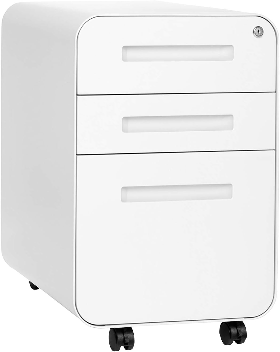 Laura Davidson Furniture Stockpile 3 Drawer File Cabinet with Lock - Under Office Desk Metal Filing Cabinet, Legal/Letter File Folders, Wheels and Stationary Feet, Pre-Assembled, White