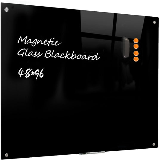 Magnetic Glass Dry Erase Board - Black Board 48 x 96 Inch Wall Mounted Glass Whiteboard, Large Frameless White Board for Wall Office, Home & School, Black