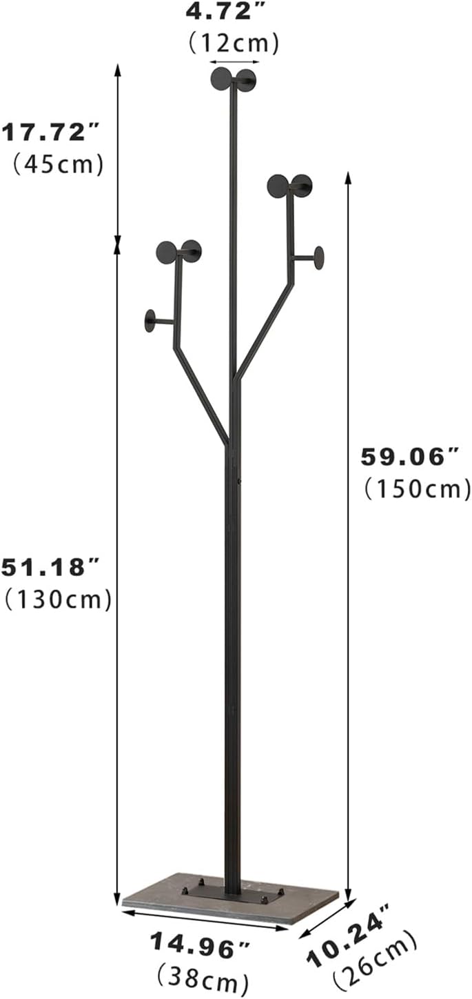 Freestanding Coat Rack Tree-shaped Metal Coat Tree with Heavy Duty Marble Base Corner Clothing Rack for Bedroom Entryway Hallway 14.96 x 10.24 x 68.9 Inches (Black)
