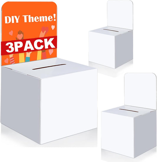 3 Pcs Ballot Boxes Suggestion Boxes Donation Box for Fundraising, Cardboard Raffle Box with Slot and Removable Header for Collecting Business Card Voting Contest (White)