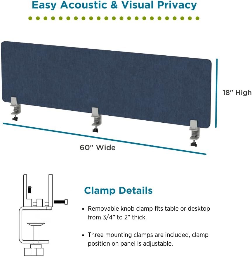 Sound Absorbing Privacy Shield - Desk Divider & Cubicle Wall (Dark Blue, 60" W x 18"H)