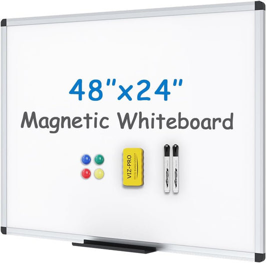 VIZ-PRO Magnetic Whiteboard/Dry Erase Board, 48 X 24 Inches, Includes 1 Eraser & 2 Markers & 4 Magnets