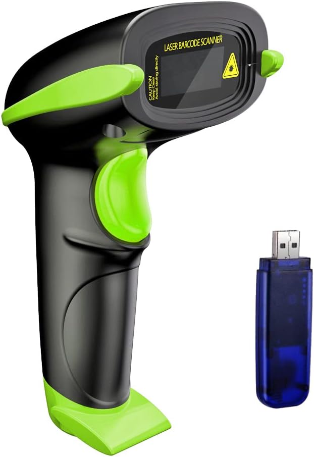 NADAMOO Wireless Barcode Scanner 328 Feet Transmission Distance USB Cordless 1D Laser Automatic Barcode Reader Handhold Bar Code Scanner with USB Receiver for Store, Supermarket, Warehouse - Green
