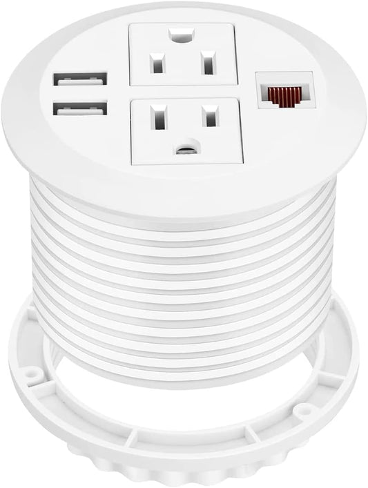 Power Grommet 3 Inch for Desktop, Recessed Desk Outlet with 2USB, 2 AC, 1 Network RJ45 Port & 10Ft Cord, Flush Mount Power Strip Table Power Hub for Countertop, Office, Furniture(White)