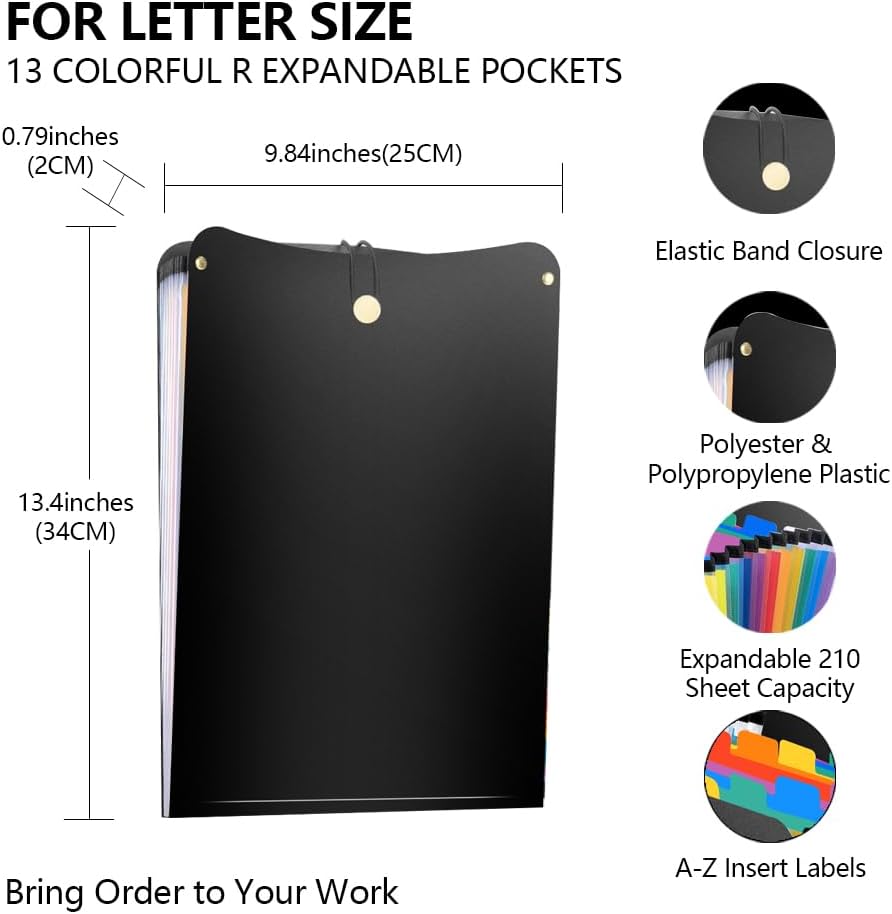 Vertical File Folder Expanding Accordion Folder with 13 Pockets Multi Pocket File Organizer Letter Size for Easy Backpack Access(2 Pack Inner Colorful)