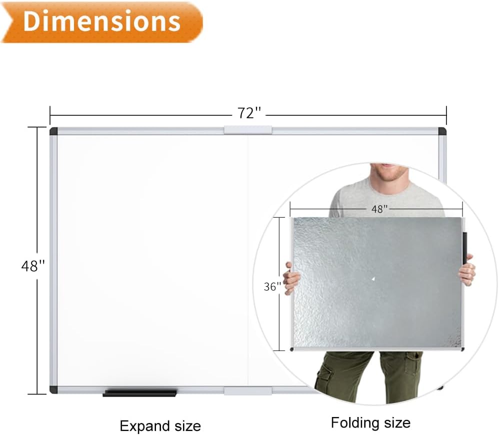 VIZ-PRO Magnetic Dry Erase Board, 72 X 48 Inches, Foldable Wall-Mounted Whiteboard with Silver Aluminum Frame & Marker Tray for School Office and Home 6' X 4'