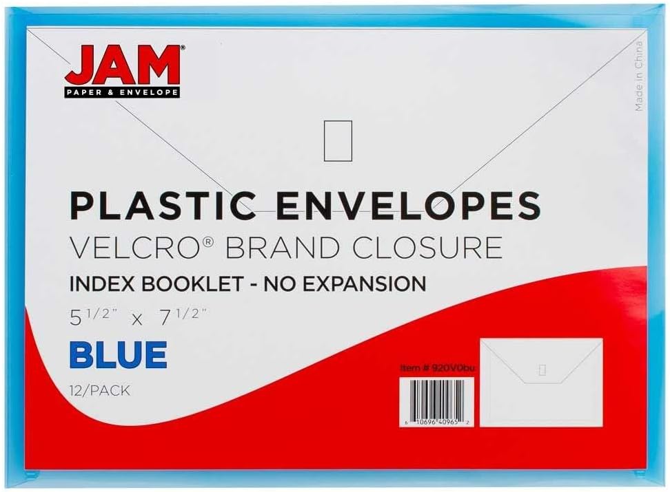 JAM PAPER Plastic Envelopes with Hook & Loop Closure - Index - 5 1/2 x 7 1/2 - Blue - 3/Pack