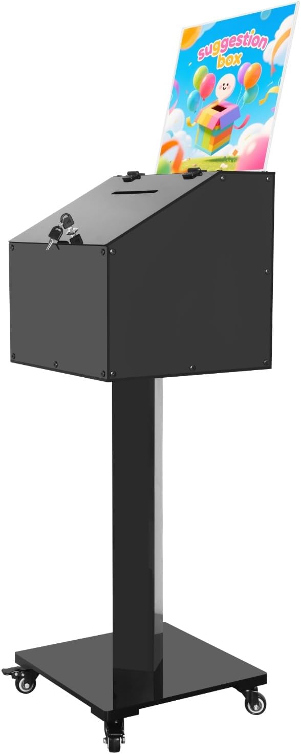 Acrylic Donation Box with Stand, Large Suggestion Box for Church, Drawing Raffle with Key and Lock, Secure Collection Box for Fundraising, Offering, Ballots, Feedback, Black