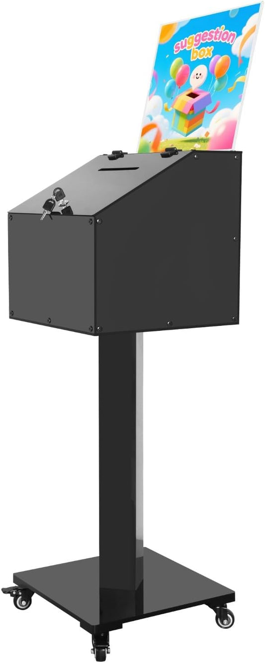 Acrylic Donation Box with Stand, Large Suggestion Box for Church, Drawing Raffle with Key and Lock, Secure Collection Box for Fundraising, Offering, Ballots, Feedback, Black