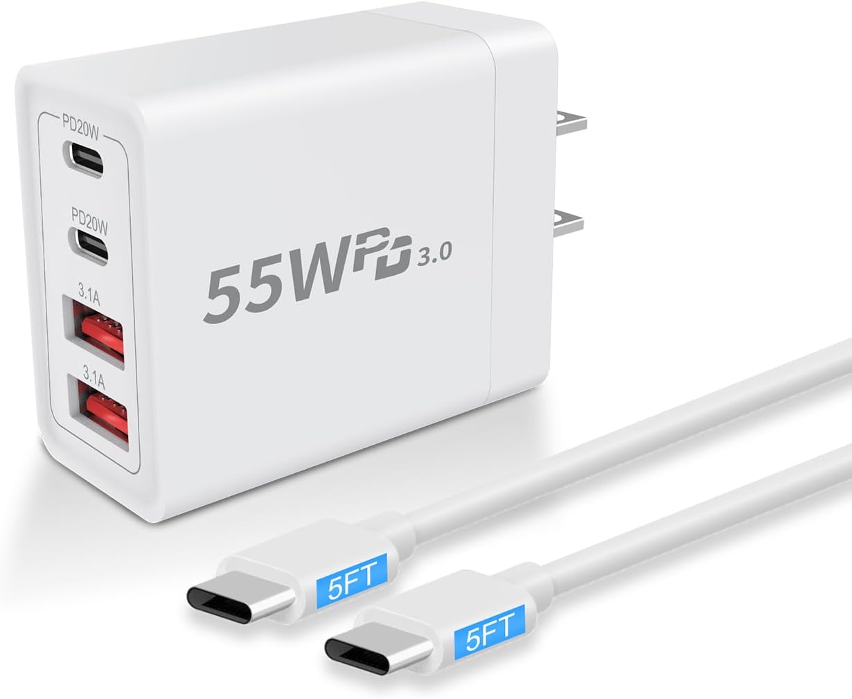 USB C Charger Block, 55W 4-Port USB C Fast Wall Charger Dual Port QC + PD 3.0 Power Adapter, Multiport Type C Charging Cube with Lightning Cable for iPhone 16 15 14 13 12 11 Pro Max XS,Samsung,Tablets