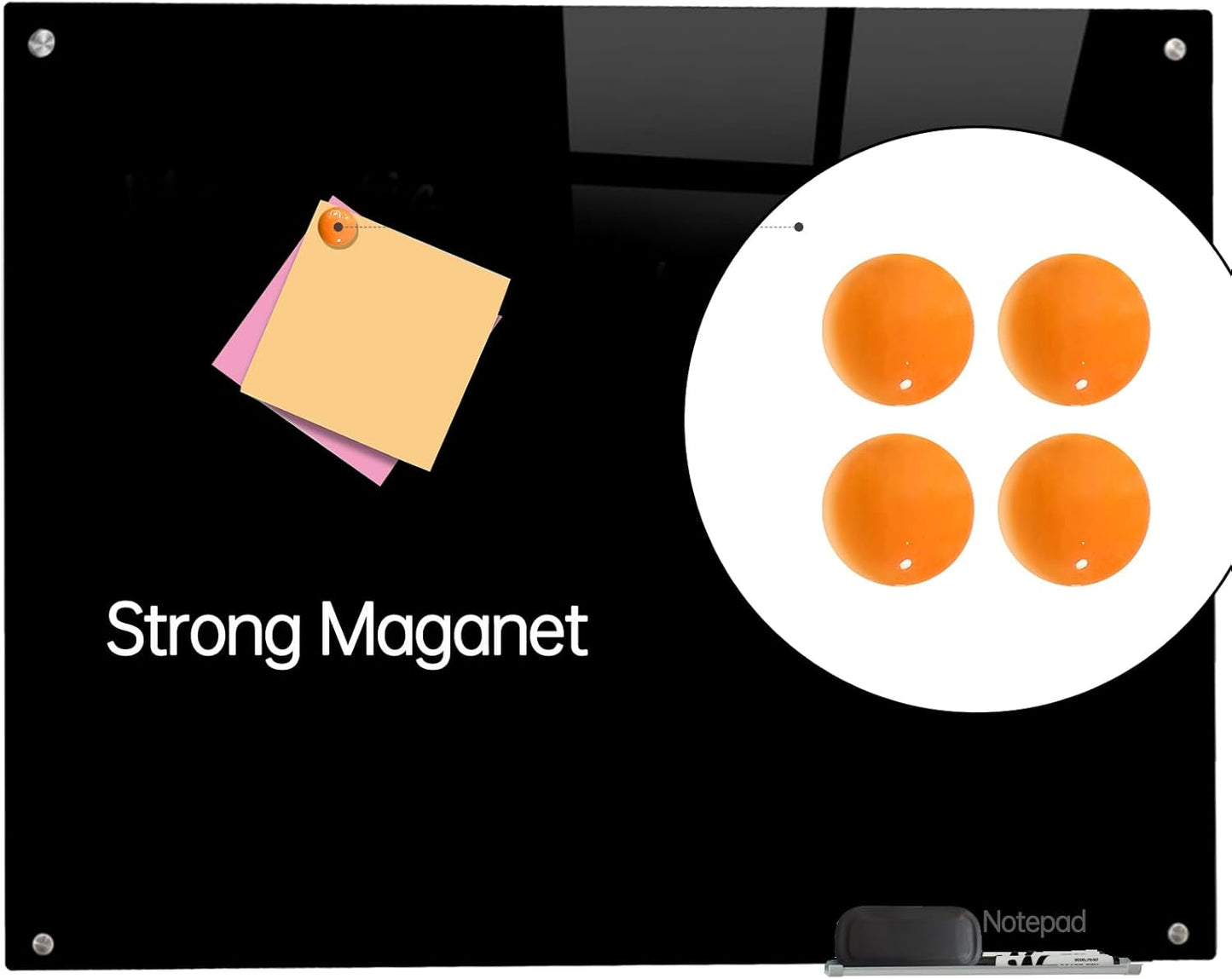 Glass Black Board Magnetic Dry Erase Board - Black Board 48 x 36 Inches Wall Mounted Glass Blackboard, Large Frameless Glass Black Board for Wall Office, Home & School