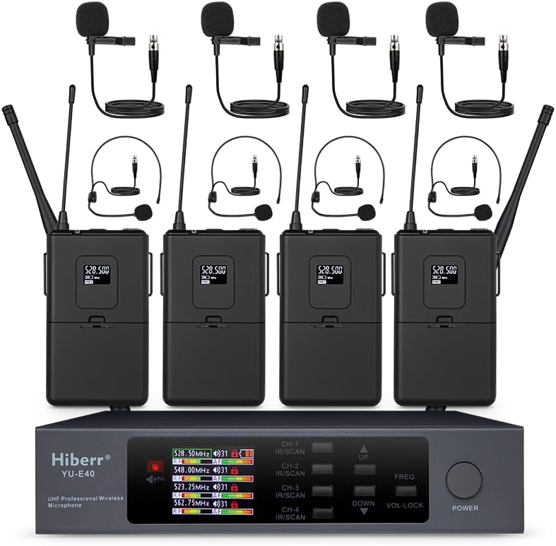 Wireless Microphone System, 4 Channels Adjustable UHF Wireless Microphone Headset Metal Shell Vocal Wireless Mic Lapel for Church, Party, Singing, SpeechYU-E40B Cordless Microphone