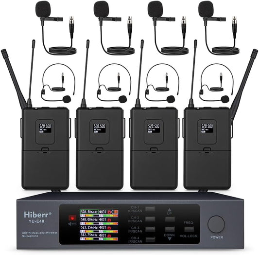 Wireless Microphone System, 4 Channels Adjustable UHF Wireless Microphone Headset Metal Shell Vocal Wireless Mic Lapel for Church, Party, Singing, SpeechYU-E40B Cordless Microphone