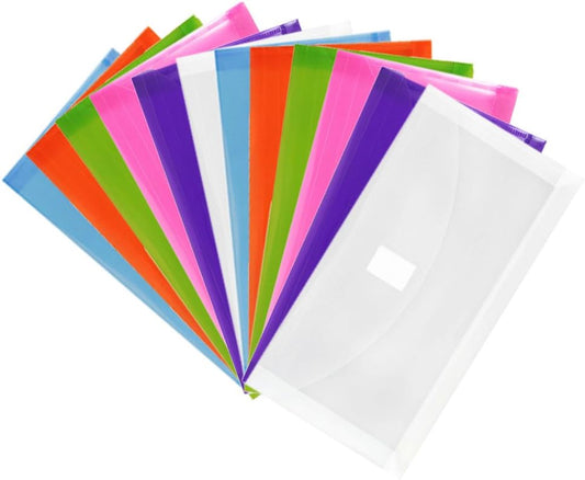 JAM PAPER Plastic Expansion Envelopes with Hook & Loop Closure - #10 Booklet Wallet - 5 1/4 x 10 with 1 Inch Expansion - Assorted Colors - 12/Pack