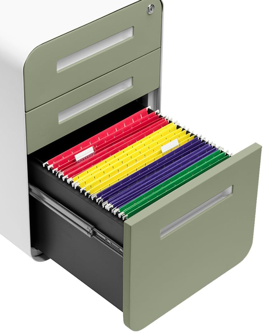 Laura Davidson Furniture Stockpile 3 Drawer File Cabinet with Lock - Under Office Desk Metal Filing Cabinet, Legal/Letter File Folders, Wheels and Stationary Feet, Pre-Assembled, Sage Green