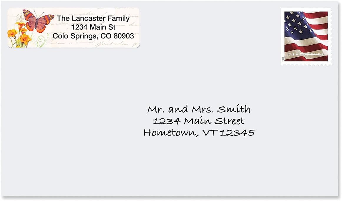 Butterflies & Flowers Rolled Personalized Return Address Mailing Labels with Dispenser, Set of 500, 5 Designs, Small ¾ x 2½ Inch Size, Custom Self-Adhesive Sticker Roll, by Colorful Images