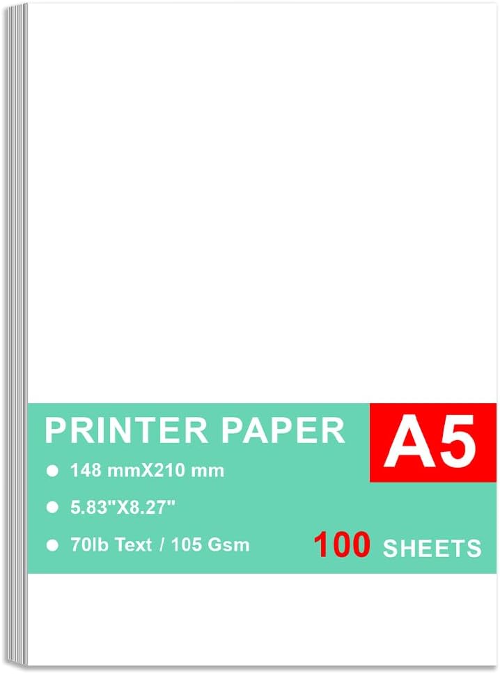Printer Paper - 100 Sheets, A5 Premium Bright White Paper, 28lb Bond / 70lb Text (105 gsm) Bright White Paper – Great for Copy, Printing, Writing, 5.83" x 8.27" (148 x 210 mm)