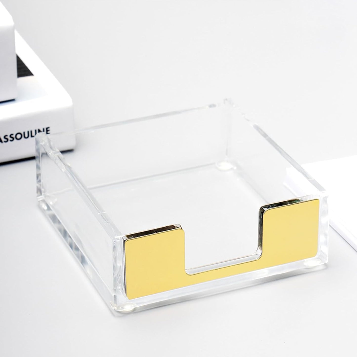 NatSumeBasics Gold Sticky Note Holder Clear Acrylic Yellow Post Note Pad Holders Memo Dispenser Case for Desk Office School Aesthetic Supplies Accessories (Pure Gold)