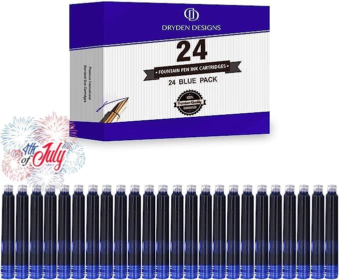 Dryden Designs Fountain Pen Ink Cartridges - Set of 24 Blue Ink CARTRIDGES - Short International Standard Size - Disposable and Generic Ink Refill Cartridges - Perfect for Calligraphy.