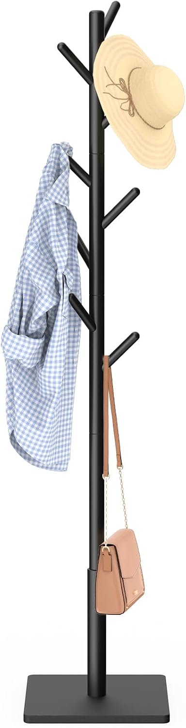Coat Rack Freestanding with Stable Square Base for Cloathes, Hat, Used in Bedroom, Office and Entryway, Sturdy and Easy Assembly Coat Tree with 3 Adjustable Sizes and 8 Hooks, Black