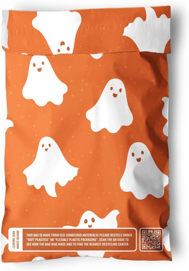 Impack Biodegradable Poly Mailers - Self Sealing Thick Envelopes - Water and Moisture Proof Book Mailers - Durable Material Packaging for Clothes & Accessories (Ghosts Pumpkin 25pack, 6x9 Inch)
