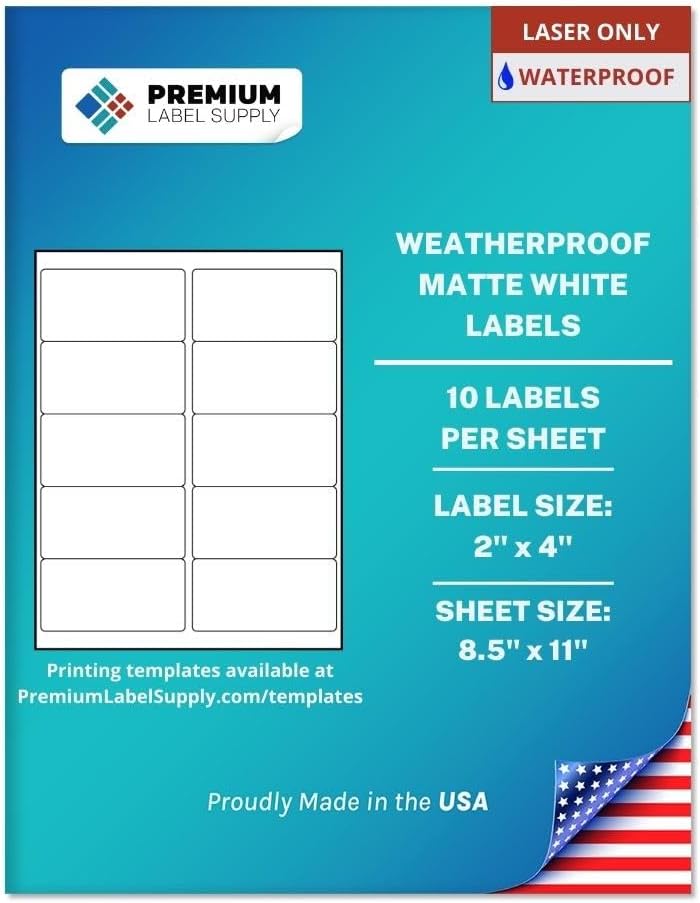 Premium Label Supply Waterproof White Address Sticker Labels – 2" x 4" – Laser Printers Only – (10 per Sheet), 10 Sheets - 100 Total Adhesive Labels